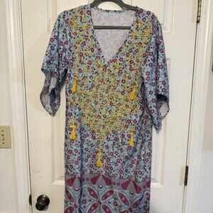 Boho Resort Swim Cover-Up Dress – Tassel Hem, Vibrant Print, Unbranded